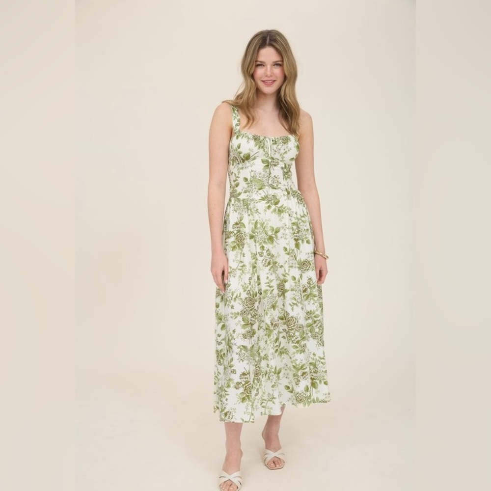 Floral Green and White Maxi Dress - Sleeveless Square Neck - Picture 4 of 5